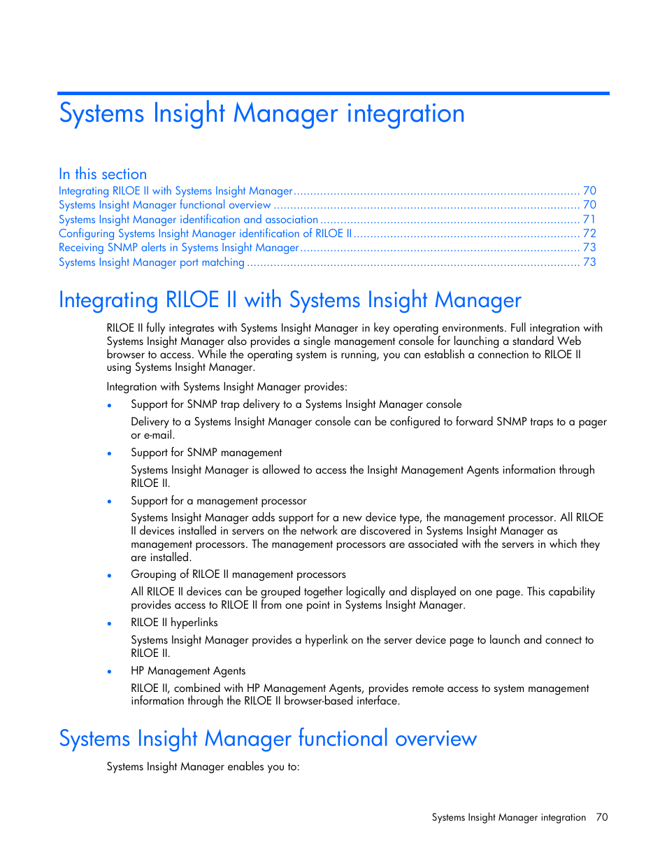 Systems insight manager integration, Integrating riloe ii with systems insight manager, Systems insight manager functional overview | HP Remote Insight Lights-Out Edition II Board User Manual | Page 70 / 205