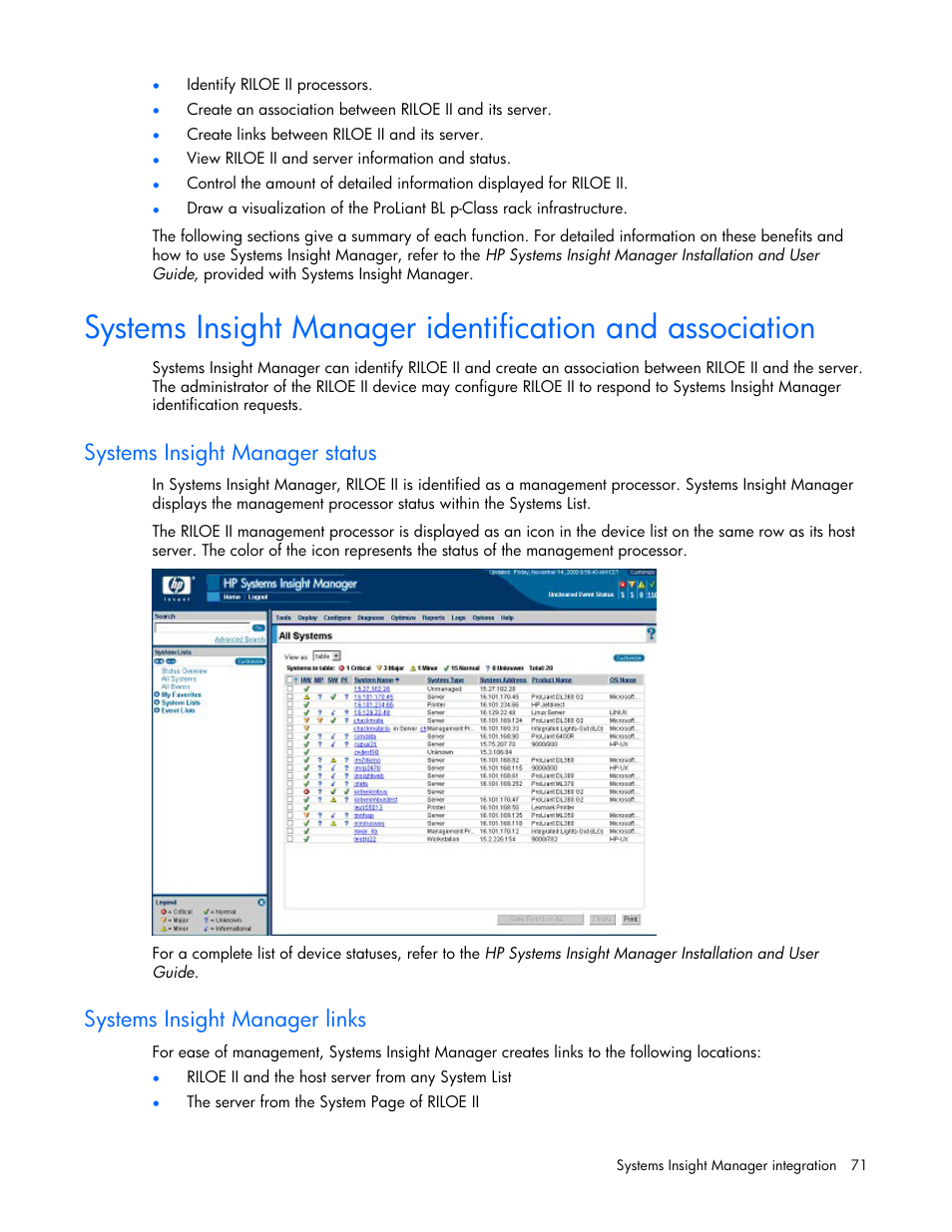 Systems insight manager status, Systems insight manager links | HP Remote Insight Lights-Out Edition II Board User Manual | Page 71 / 205