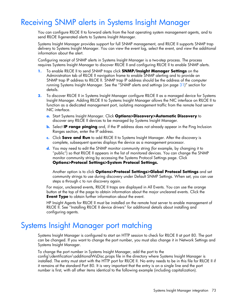 Receiving snmp alerts in systems insight manager, Systems insight manager port matching, 73 systems insight manager port matching | HP Remote Insight Lights-Out Edition II Board User Manual | Page 73 / 205