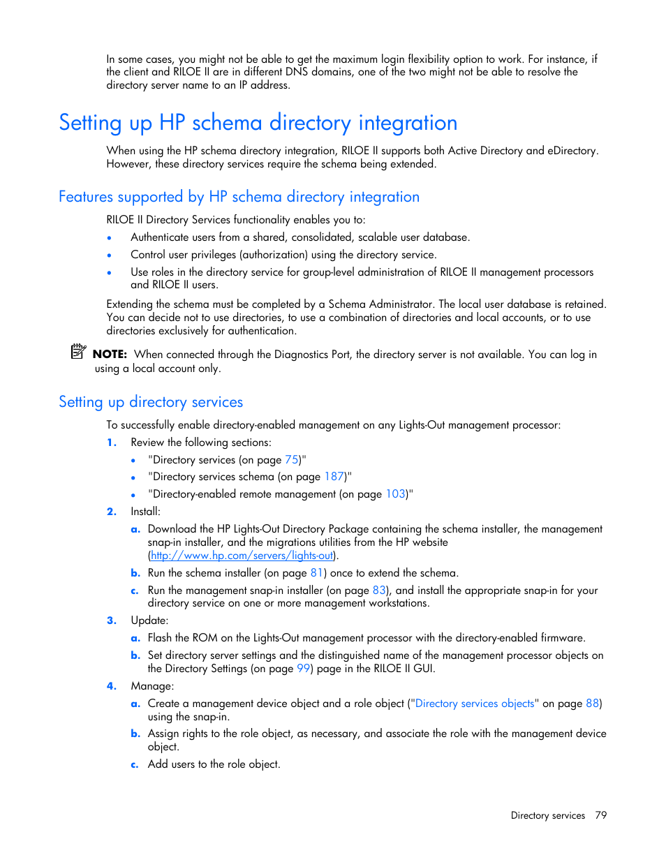 Setting up hp schema directory integration, Setting up directory services | HP Remote Insight Lights-Out Edition II Board User Manual | Page 79 / 205