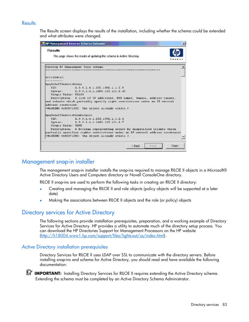 Results, Management snap-in installer, Directory services for active directory | Active directory installation prerequisites, And install the appropriate snap-in for you | HP Remote Insight Lights-Out Edition II Board User Manual | Page 83 / 205