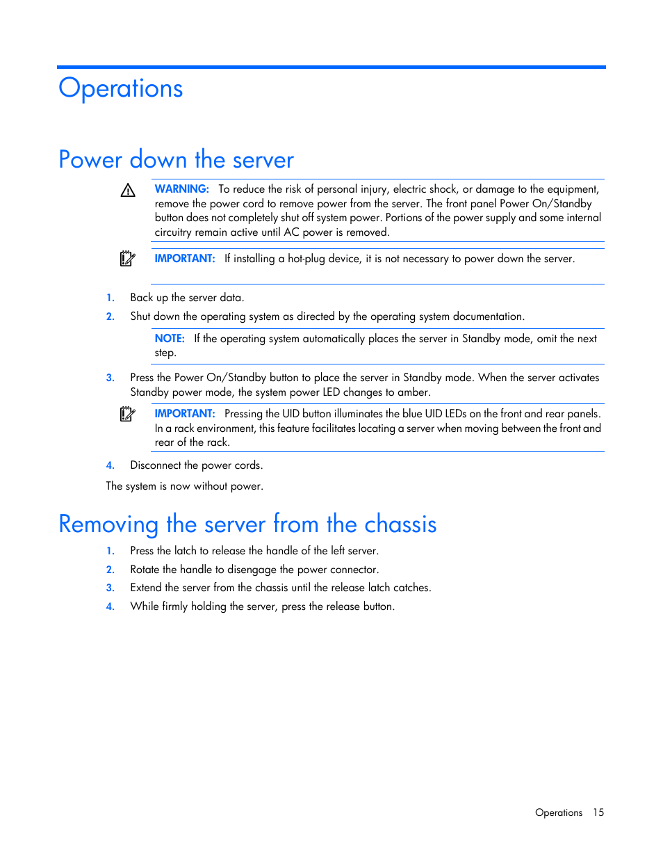 Operations, Power down the server, Removing the server from the chassis | HP ProLiant SL335s G7 Server User Manual | Page 15 / 82