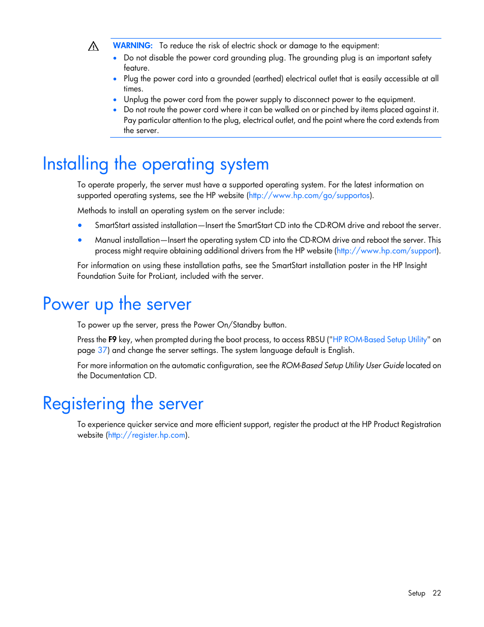 Installing the operating system, Power up the server, Registering the server | HP ProLiant SL335s G7 Server User Manual | Page 22 / 82