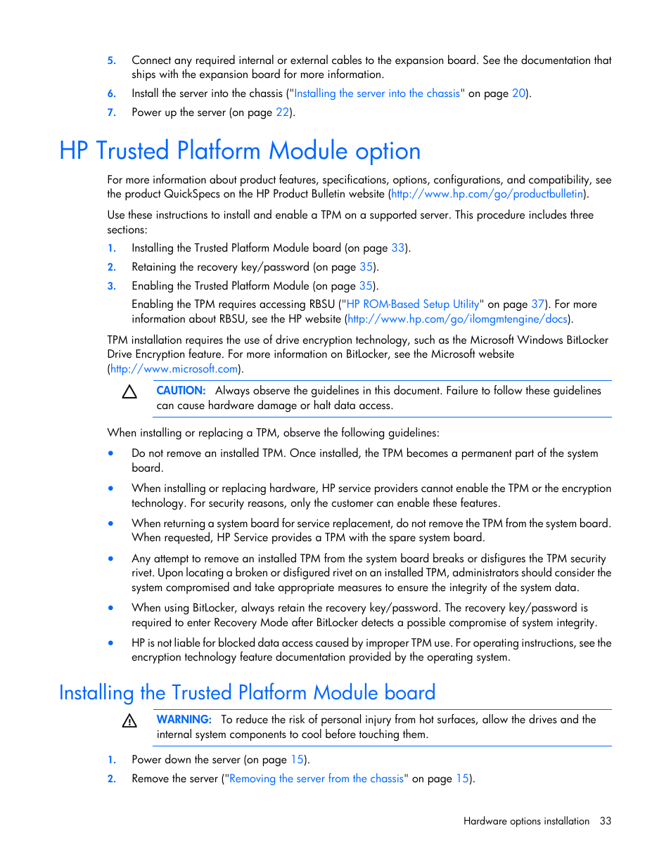 Hp trusted platform module option, Installing the trusted platform module board | HP ProLiant SL335s G7 Server User Manual | Page 33 / 82