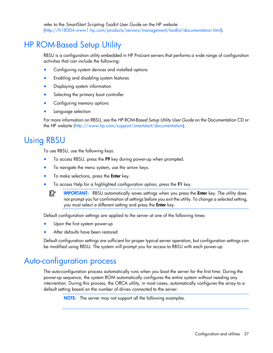 Hp rom-based setup utility, Using rbsu, Auto-configuration process | HP ProLiant SL335s G7 Server User Manual | Page 37 / 82