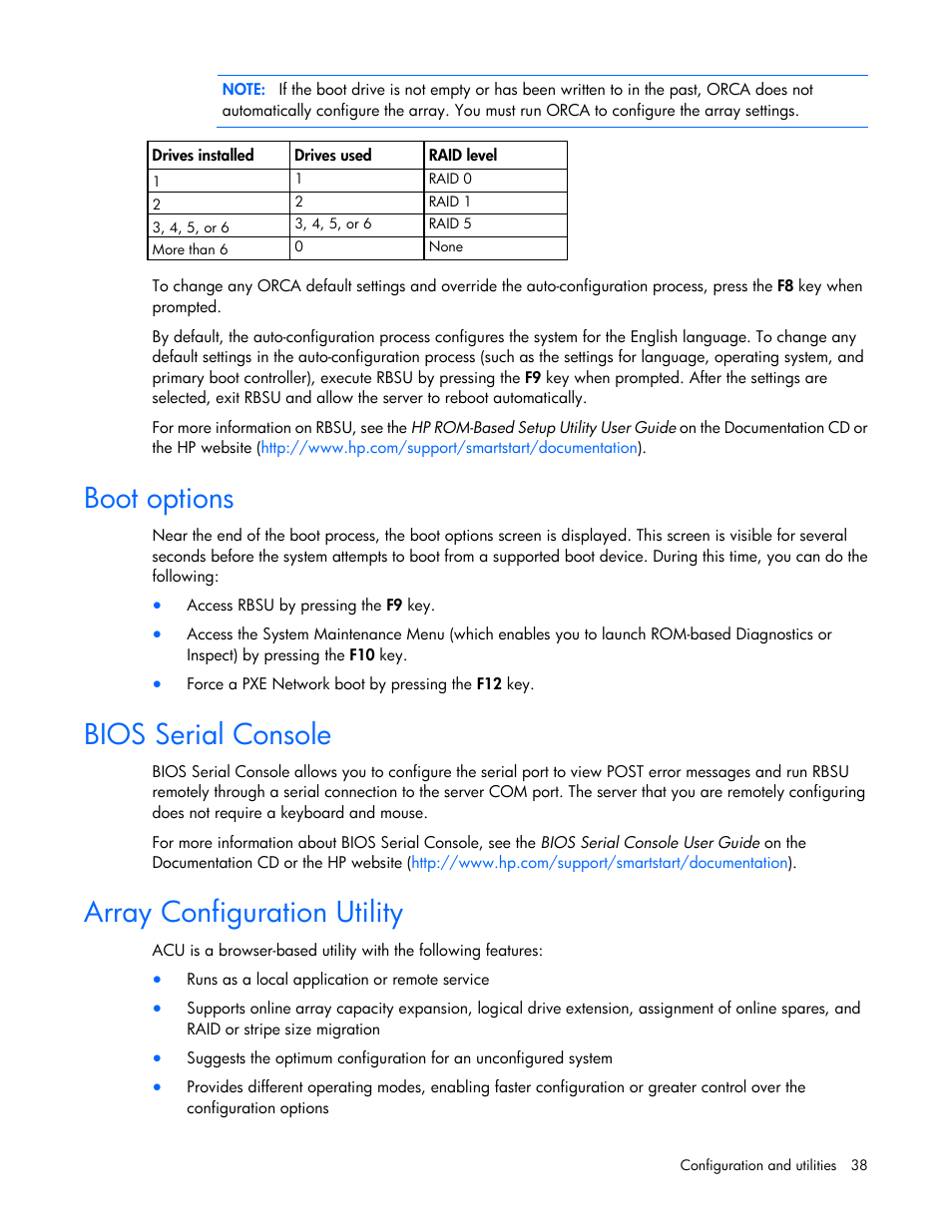 Boot options, Bios serial console, Array configuration utility | HP ProLiant SL335s G7 Server User Manual | Page 38 / 82