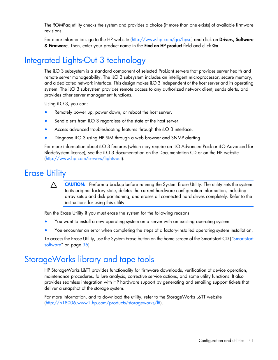 Integrated lights-out 3 technology, Erase utility, Storageworks library and tape tools | HP ProLiant SL335s G7 Server User Manual | Page 41 / 82