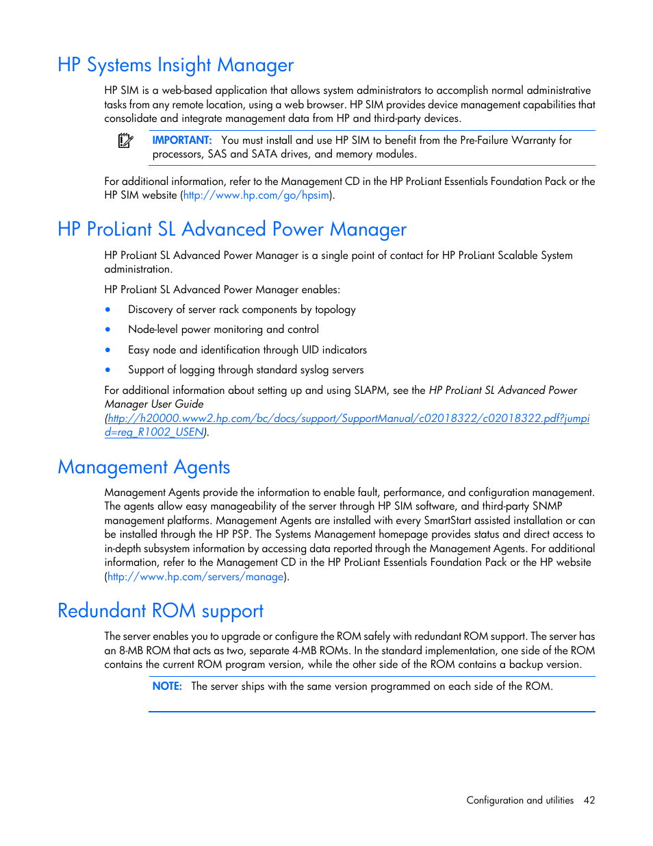 Hp systems insight manager, Hp proliant sl advanced power manager, Management agents | Redundant rom support | HP ProLiant SL335s G7 Server User Manual | Page 42 / 82