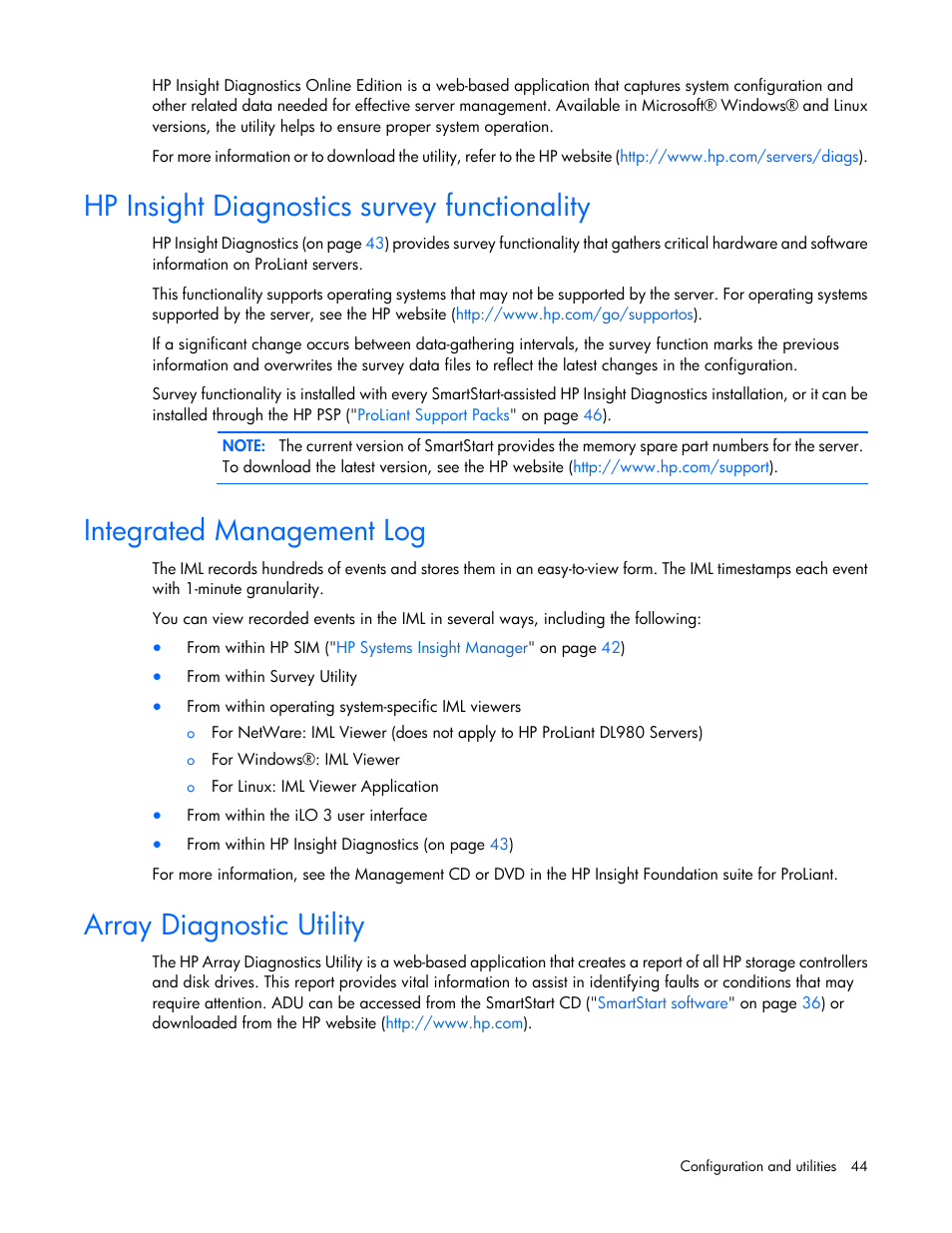 Hp insight diagnostics survey functionality, Integrated management log, Array diagnostic utility | HP ProLiant SL335s G7 Server User Manual | Page 44 / 82