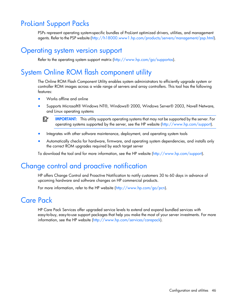 Proliant support packs, Operating system version support, System online rom flash component utility | Change control and proactive notification, Care pack | HP ProLiant SL335s G7 Server User Manual | Page 46 / 82