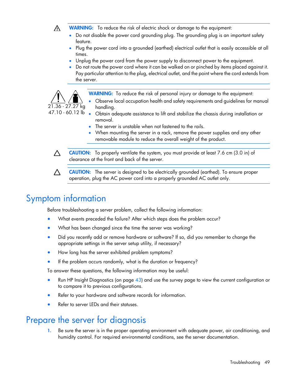 Symptom information, Prepare the server for diagnosis | HP ProLiant SL335s G7 Server User Manual | Page 49 / 82