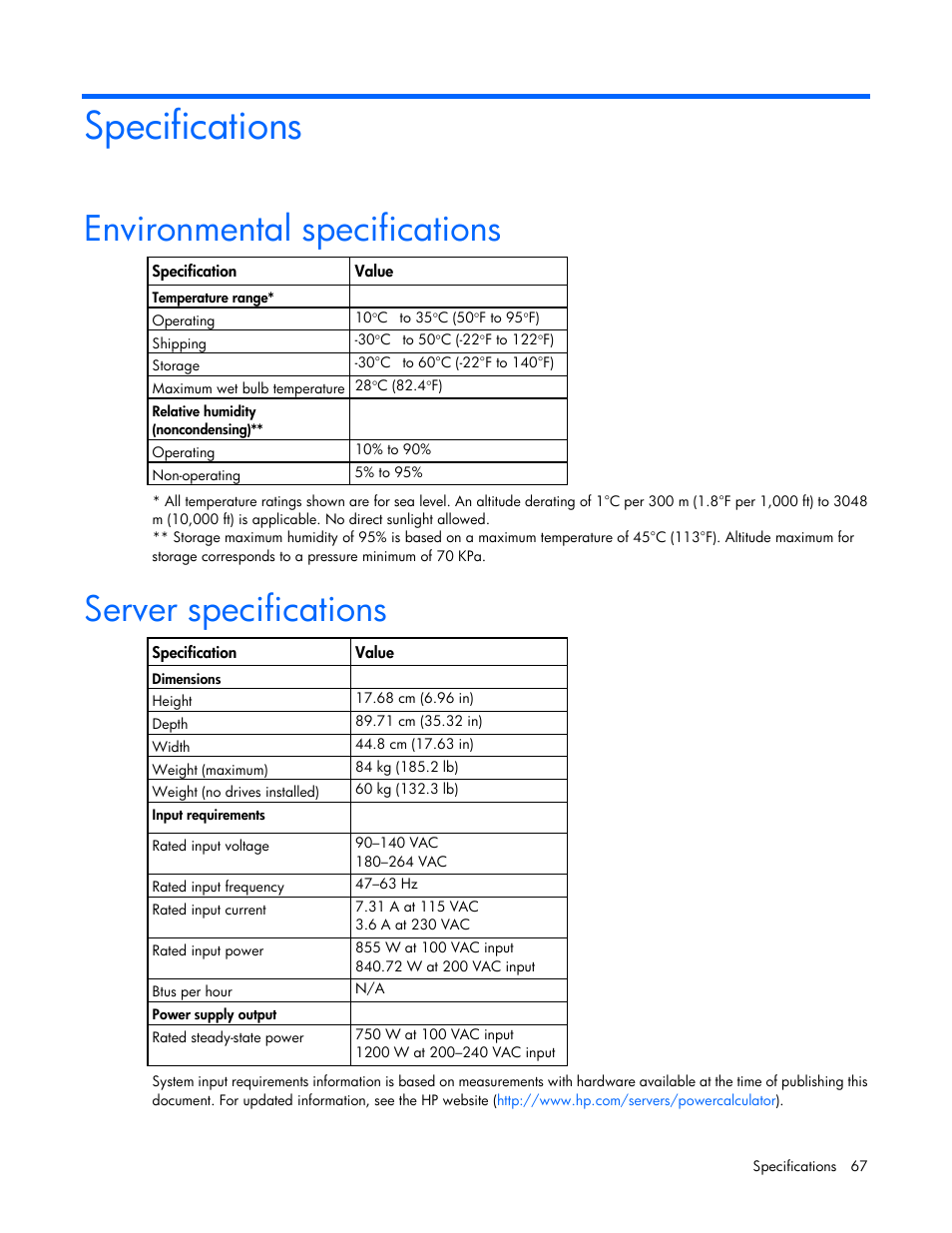 Specifications, Environmental specifications, Server specifications | HP ProLiant SL335s G7 Server User Manual | Page 67 / 82