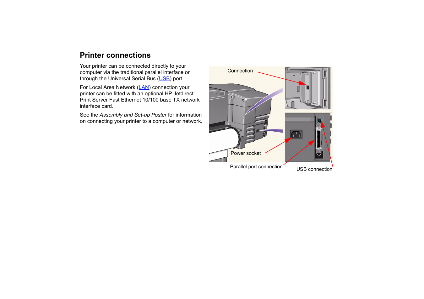 Printer connections | HP Designjet 510 Printer series User Manual | Page 13 / 219