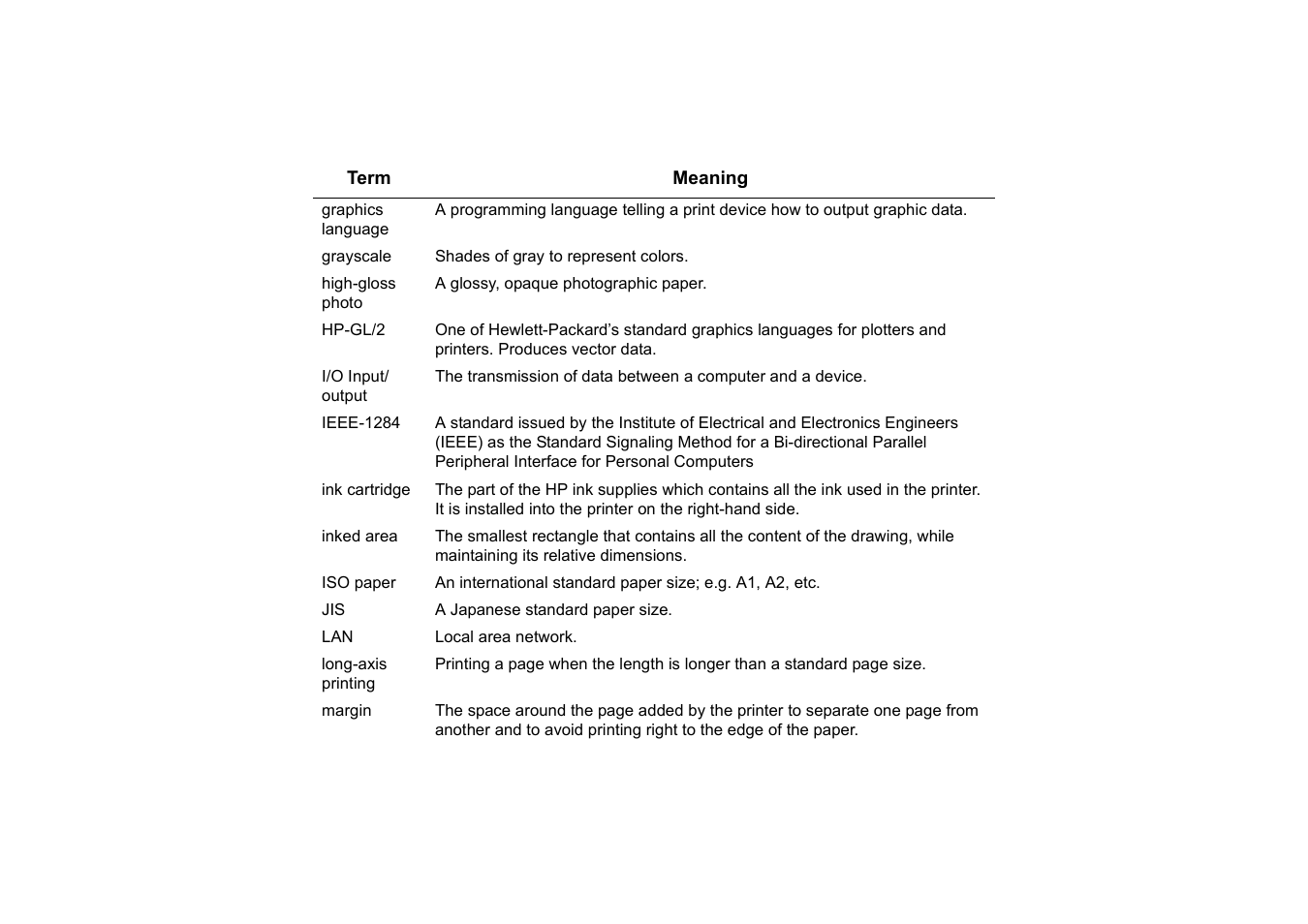 Hp-gl/2, Ink cartridge, Margin | Grayscale, Graphics language, Ieee-1284 | HP Designjet 510 Printer series User Manual | Page 209 / 219