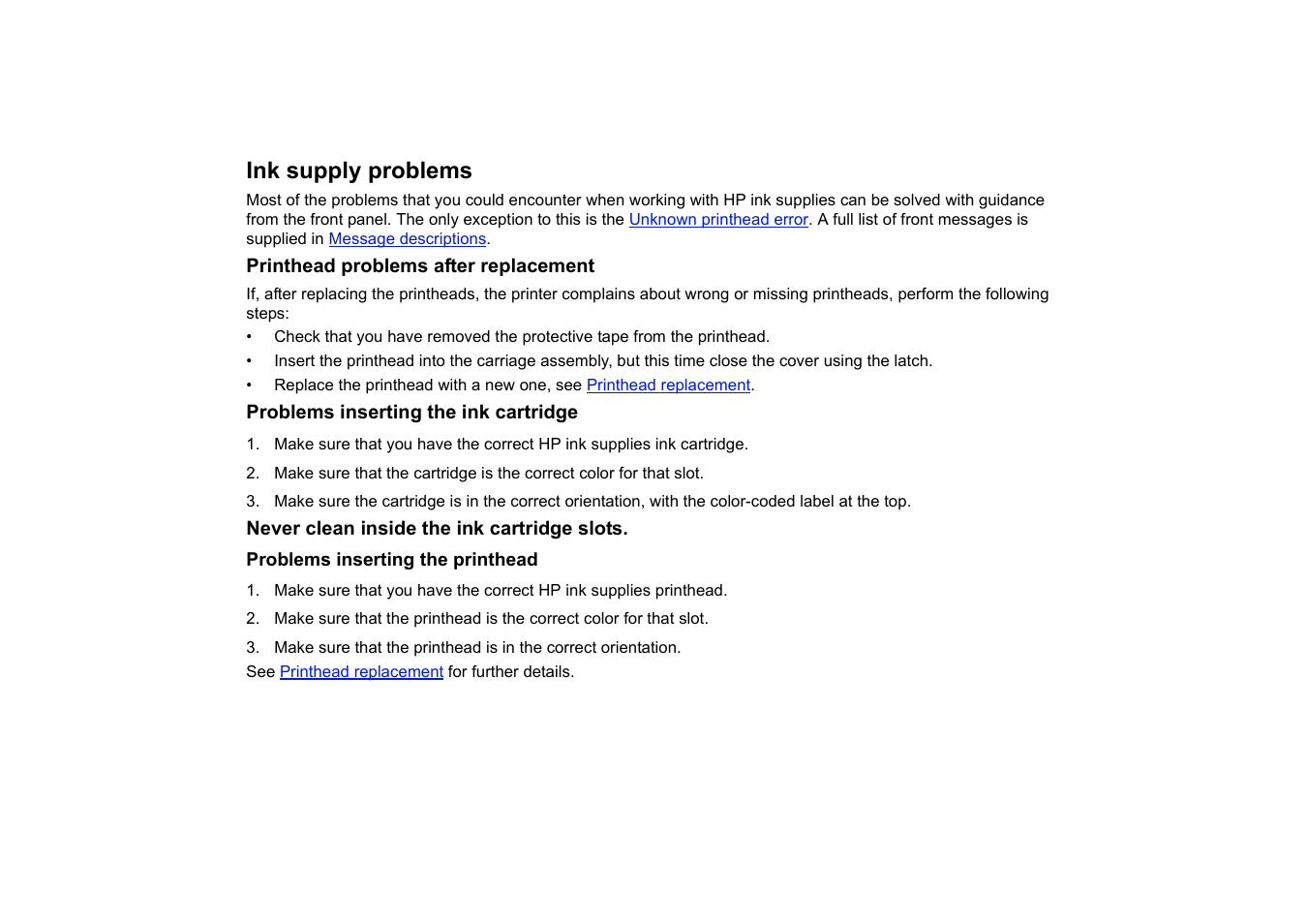 Ink supply problems, Printhead problems after replacement, Problems inserting the ink cartridge | Never clean inside the ink cartridge slots | HP Designjet 510 Printer series User Manual | Page 85 / 219