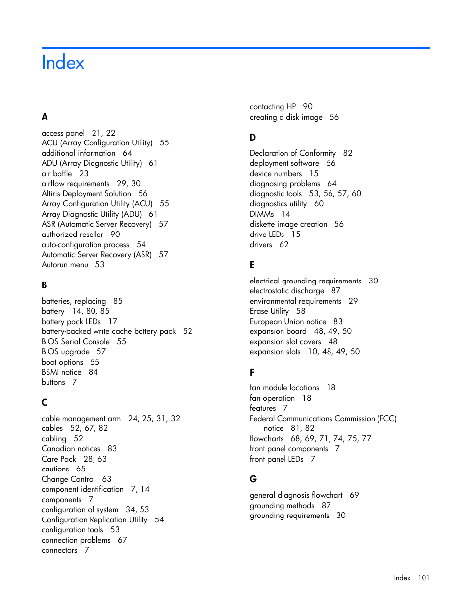 Index | HP ProLiant DL385 G5p Server User Manual | Page 101 / 104