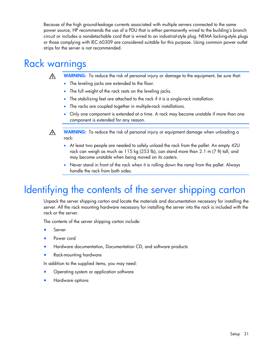 Rack warnings | HP ProLiant DL385 G5p Server User Manual | Page 31 / 104