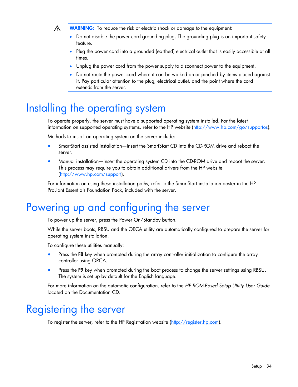 Installing the operating system, Powering up and configuring the server, Registering the server | HP ProLiant DL385 G5p Server User Manual | Page 34 / 104