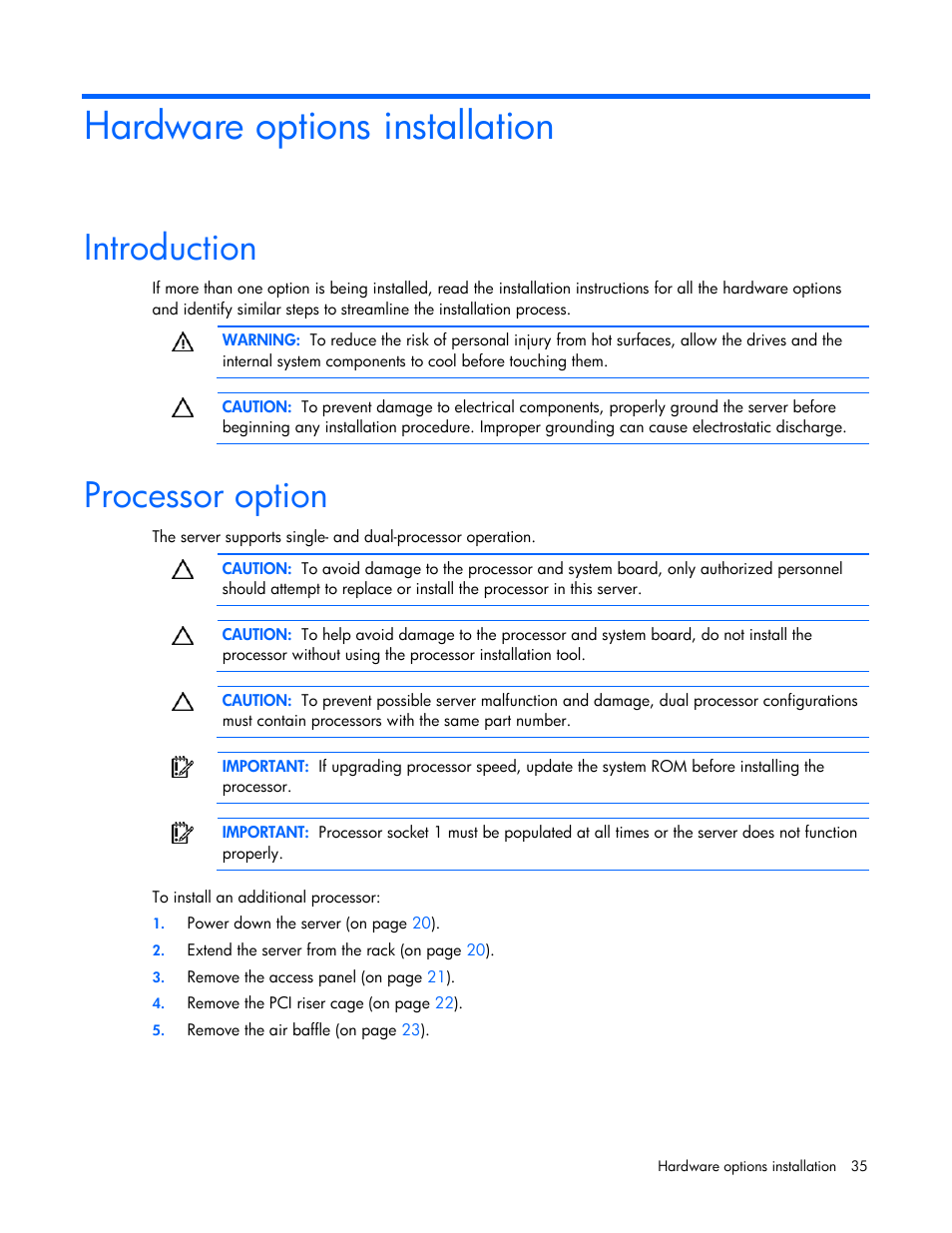 Hardware options installation, Introduction, Processor option | HP ProLiant DL385 G5p Server User Manual | Page 35 / 104