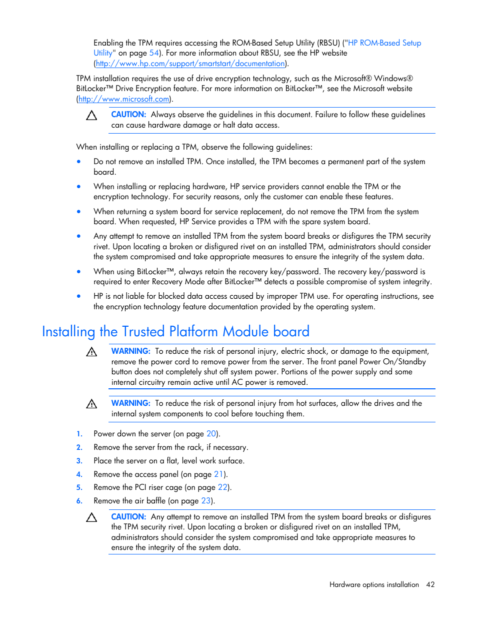 Installing the trusted platform module board | HP ProLiant DL385 G5p Server User Manual | Page 42 / 104