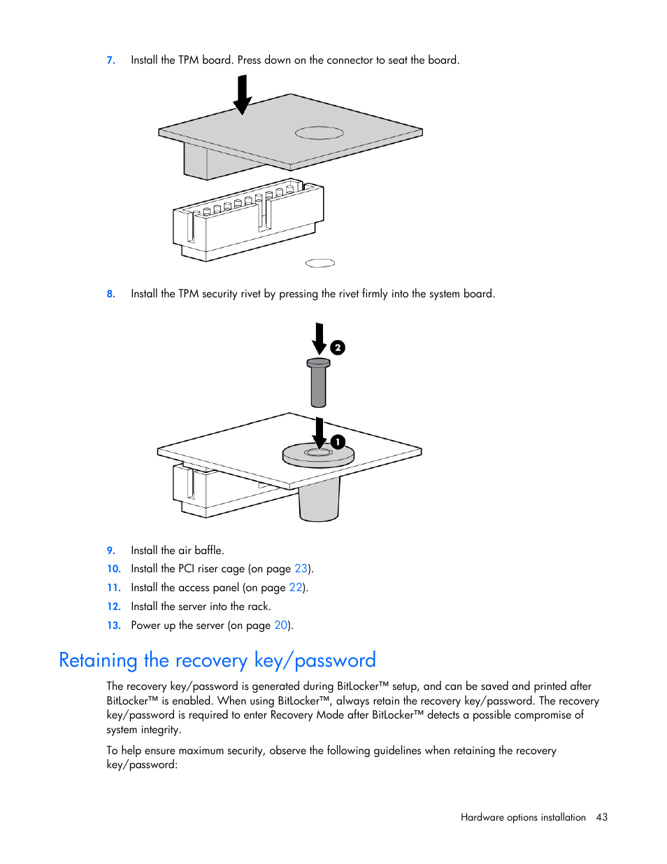 Retaining the recovery key/password | HP ProLiant DL385 G5p Server User Manual | Page 43 / 104