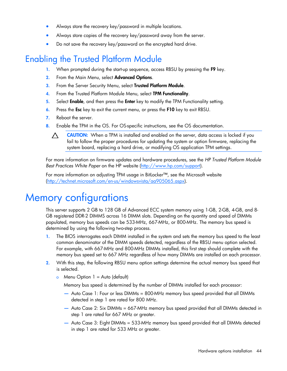 Enabling the trusted platform module, Memory configurations | HP ProLiant DL385 G5p Server User Manual | Page 44 / 104