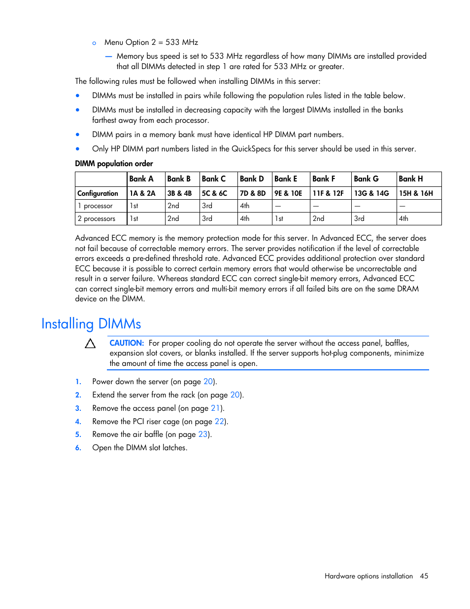 Installing dimms | HP ProLiant DL385 G5p Server User Manual | Page 45 / 104