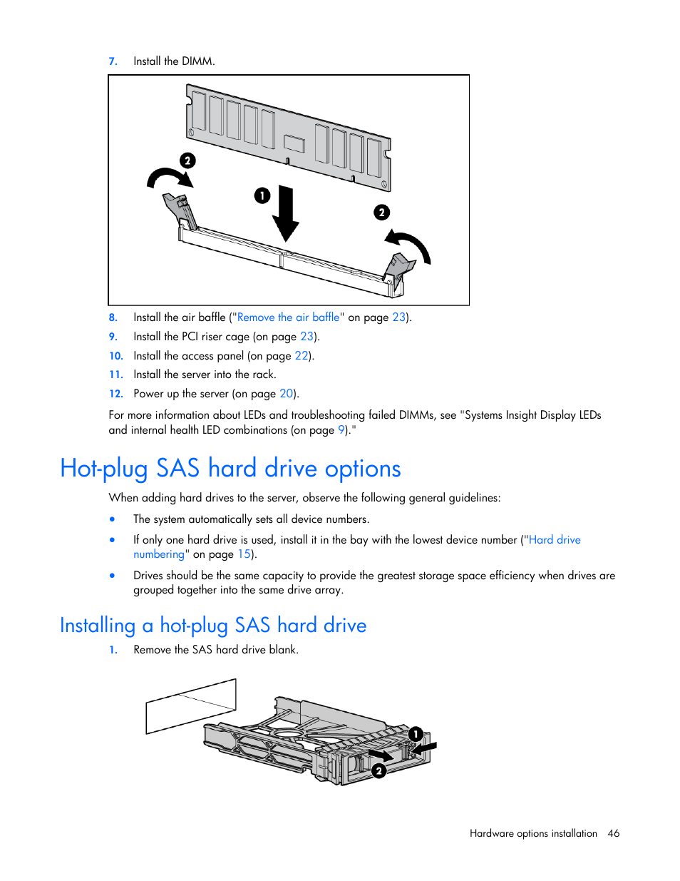 Hot-plug sas hard drive options, Installing a hot-plug sas hard drive | HP ProLiant DL385 G5p Server User Manual | Page 46 / 104