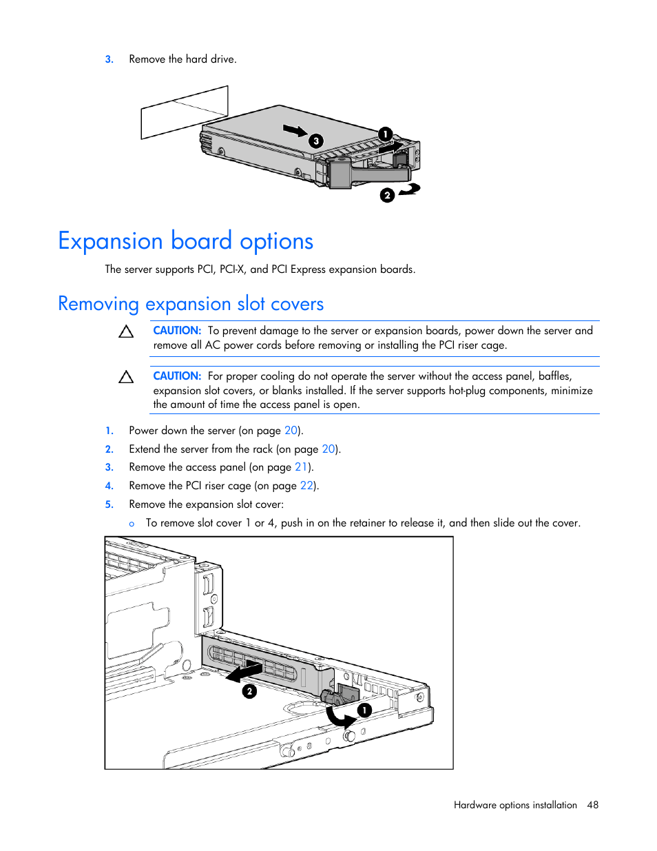 Expansion board options, Removing expansion slot covers | HP ProLiant DL385 G5p Server User Manual | Page 48 / 104