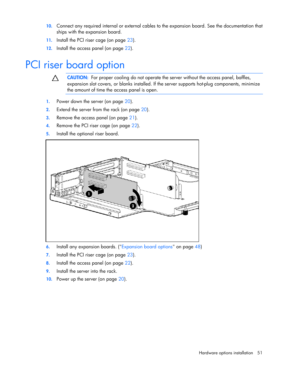 Pci riser board option | HP ProLiant DL385 G5p Server User Manual | Page 51 / 104