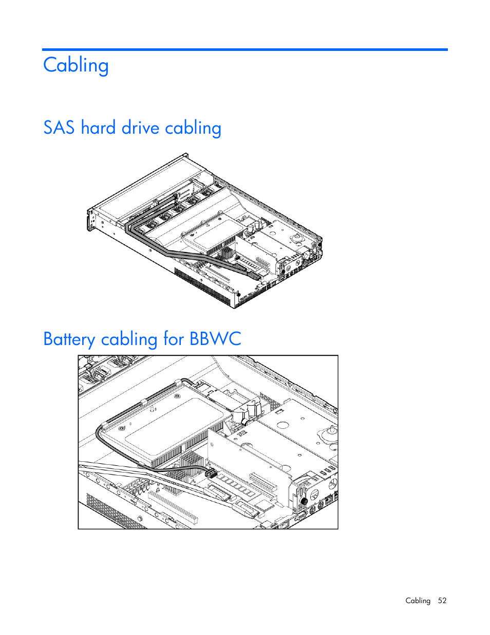 Cabling, Sas hard drive cabling, Battery cabling for bbwc | HP ProLiant DL385 G5p Server User Manual | Page 52 / 104