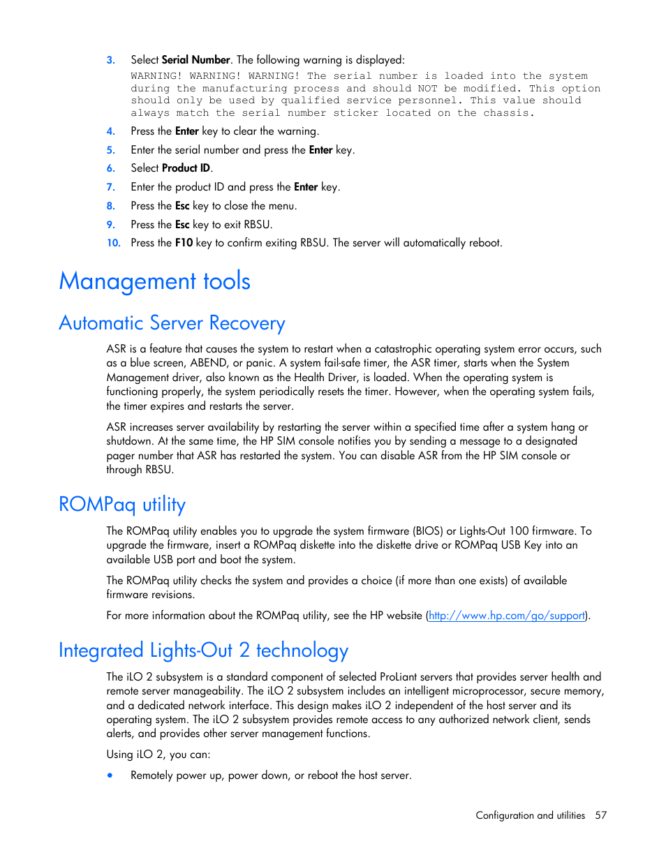 Management tools, Automatic server recovery, Rompaq utility | Integrated lights-out 2 technology | HP ProLiant DL385 G5p Server User Manual | Page 57 / 104