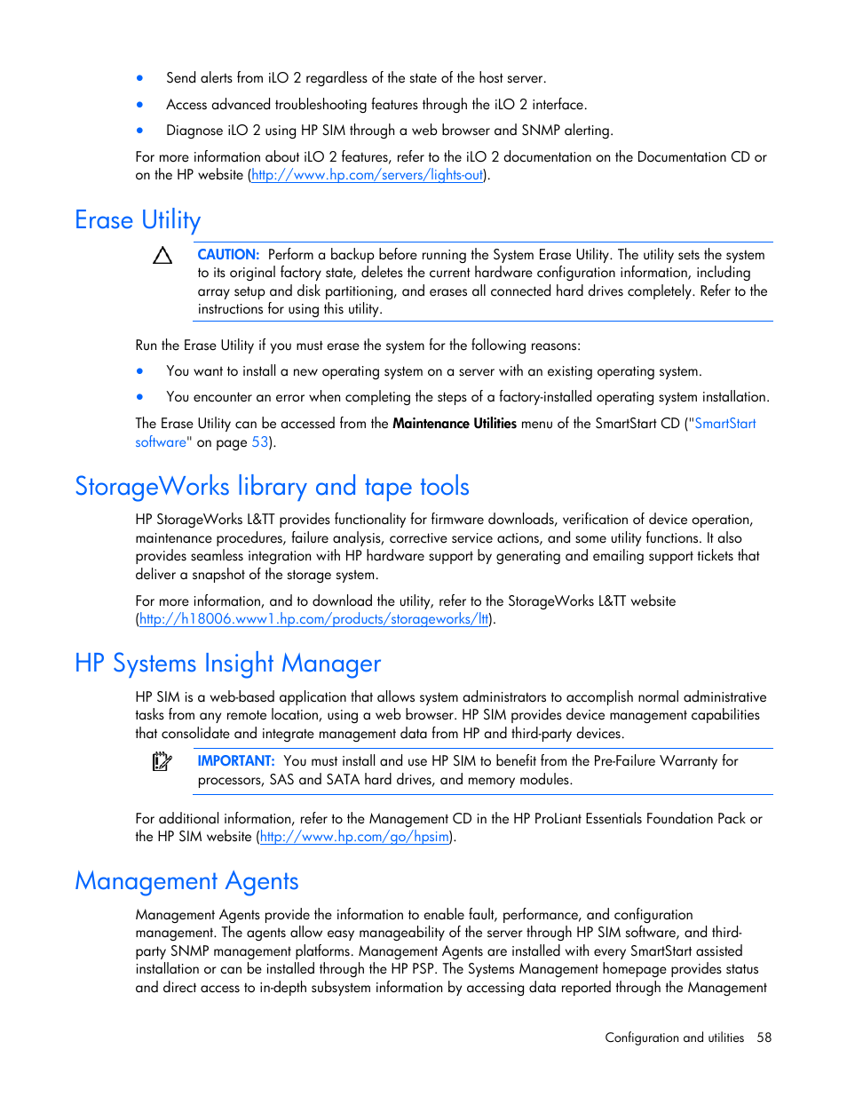 Erase utility, Storageworks library and tape tools, Hp systems insight manager | Management agents | HP ProLiant DL385 G5p Server User Manual | Page 58 / 104