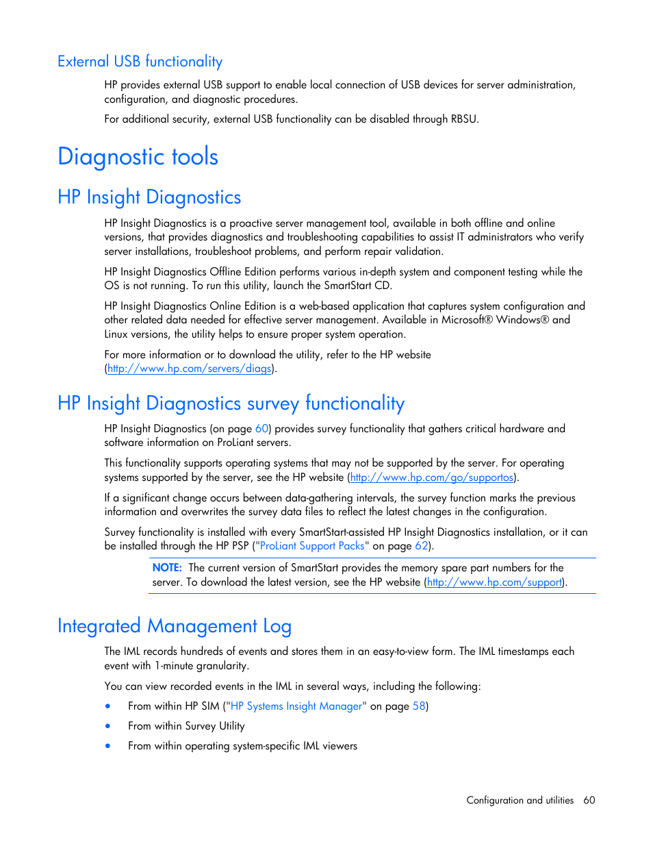 External usb functionality, Diagnostic tools, Hp insight diagnostics | Hp insight diagnostics survey functionality, Integrated management log | HP ProLiant DL385 G5p Server User Manual | Page 60 / 104