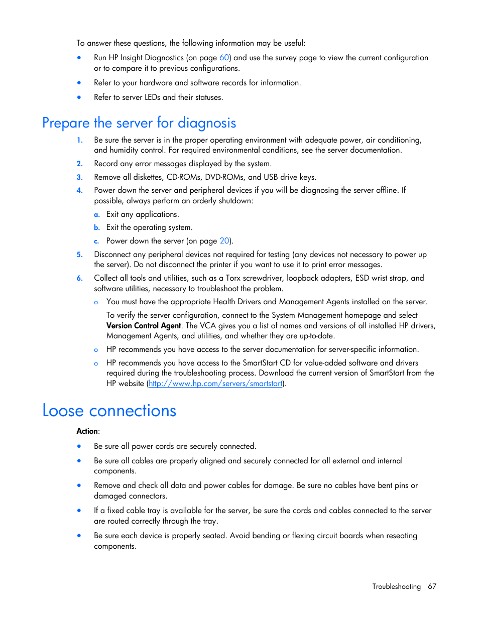 Prepare the server for diagnosis, Loose connections | HP ProLiant DL385 G5p Server User Manual | Page 67 / 104