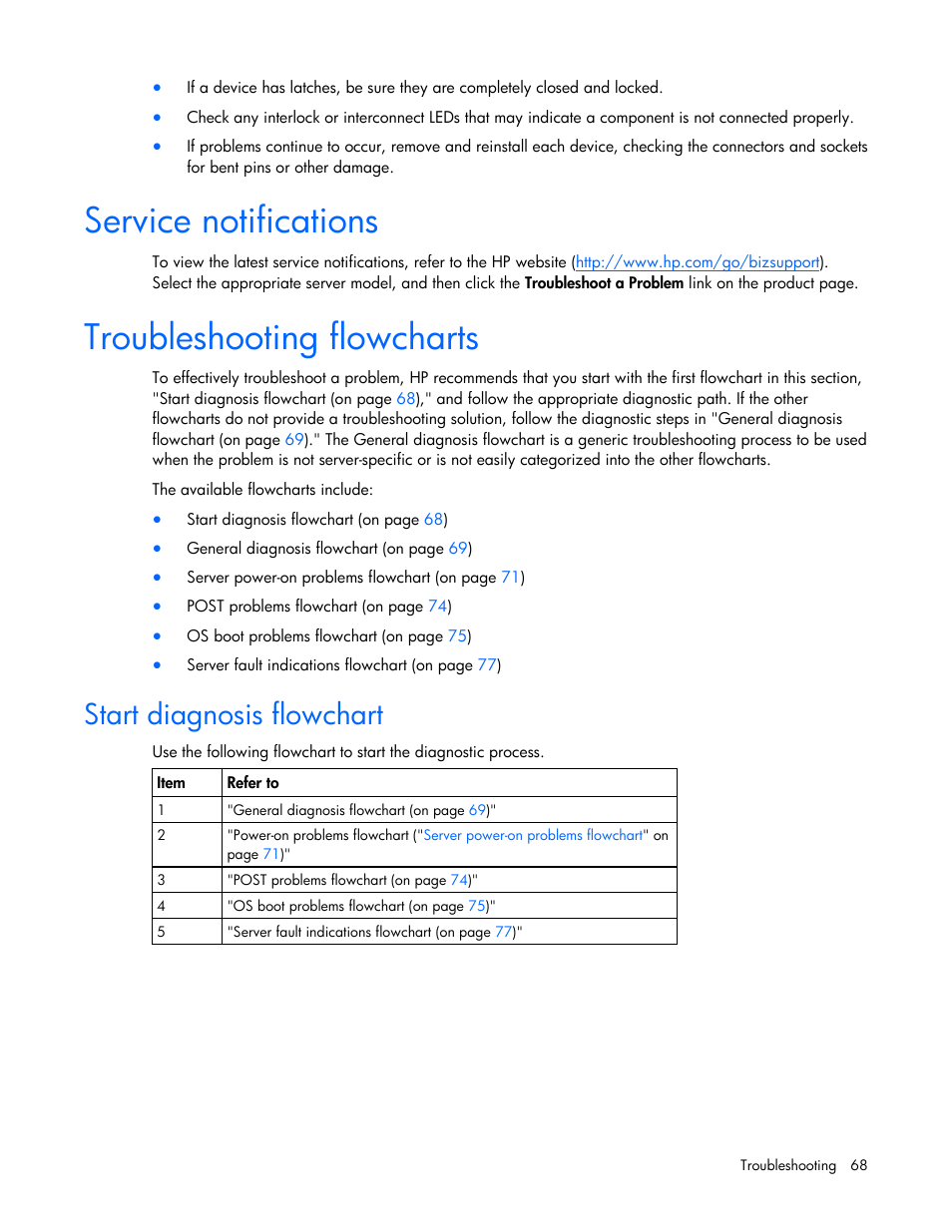 Service notifications, Troubleshooting flowcharts, Start diagnosis flowchart | To begin the diagnostic | HP ProLiant DL385 G5p Server User Manual | Page 68 / 104