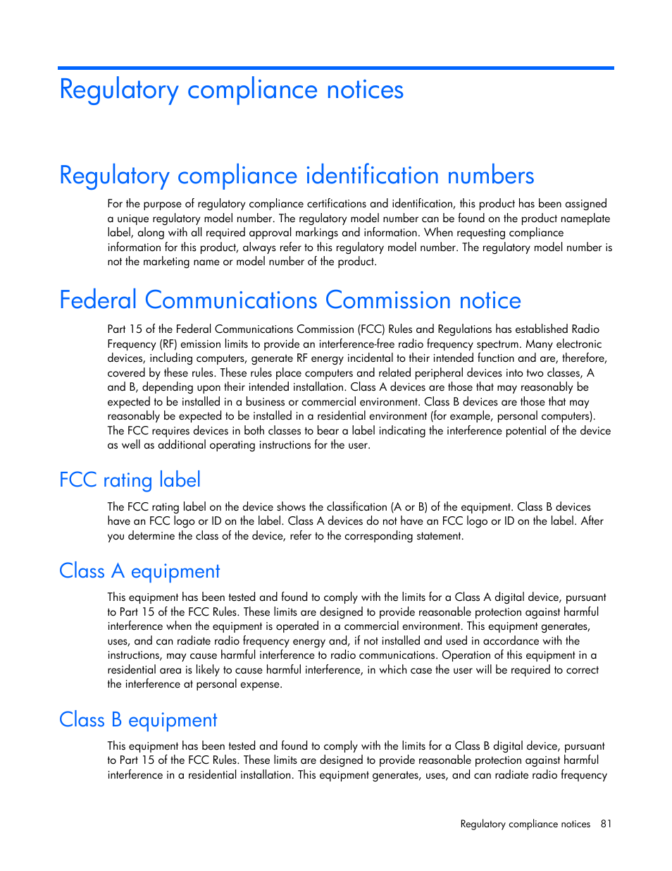 Regulatory compliance notices, Regulatory compliance identification numbers, Federal communications commission notice | Fcc rating label, Class a equipment, Class b equipment | HP ProLiant DL385 G5p Server User Manual | Page 81 / 104