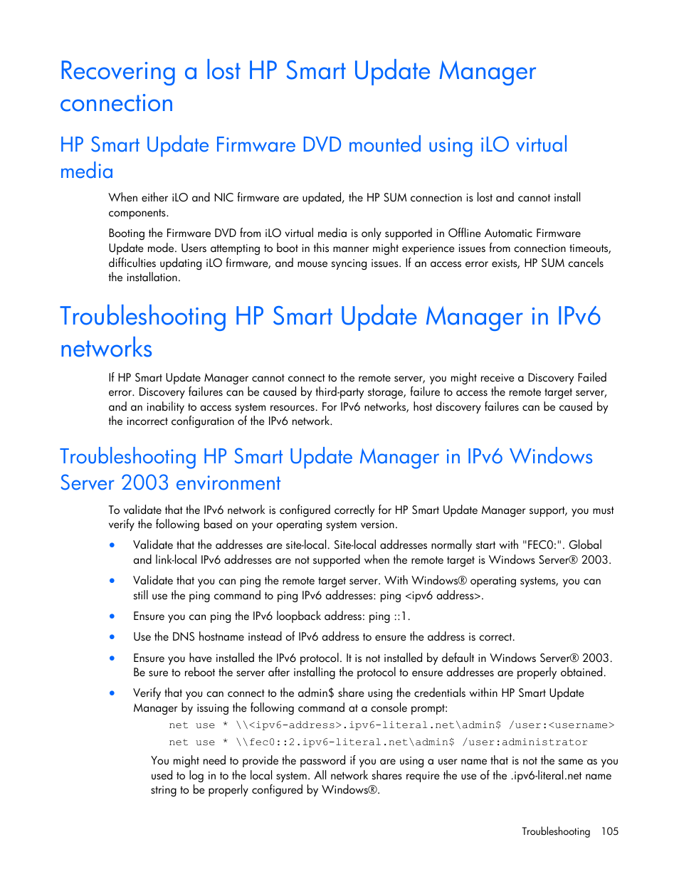 Troubleshooting hp, Smart update manager in ipv6 networks, Troubleshooting hp smart | Update manager in ipv6 networks | HP ProLiant Support Pack User Manual | Page 105 / 120