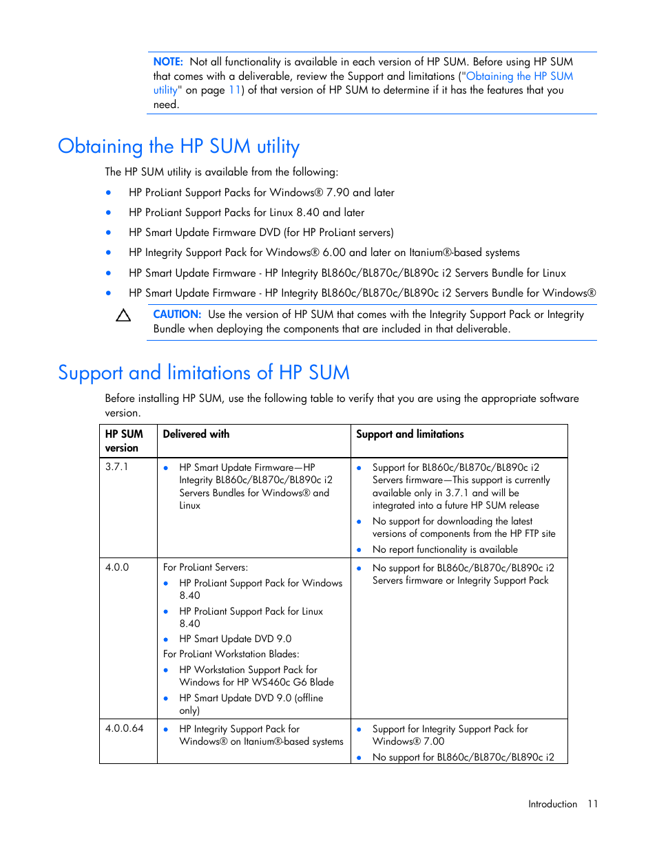 Obtaining the hp sum utility, Support and limitations of hp sum | HP ProLiant Support Pack User Manual | Page 11 / 120