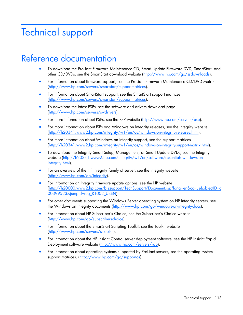 Technical support, Reference documentation | HP ProLiant Support Pack User Manual | Page 113 / 120