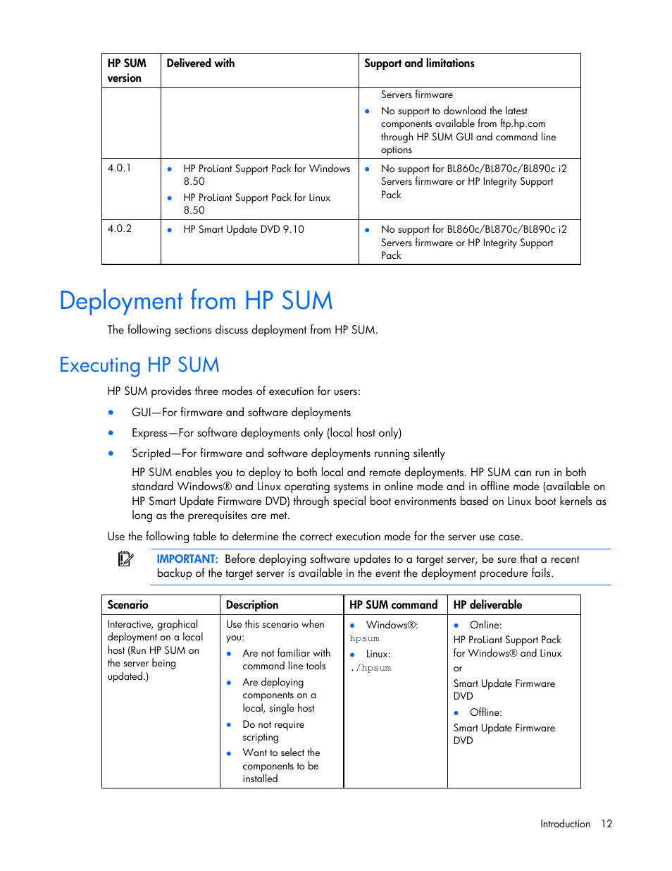Deployment from hp sum, Executing hp sum | HP ProLiant Support Pack User Manual | Page 12 / 120