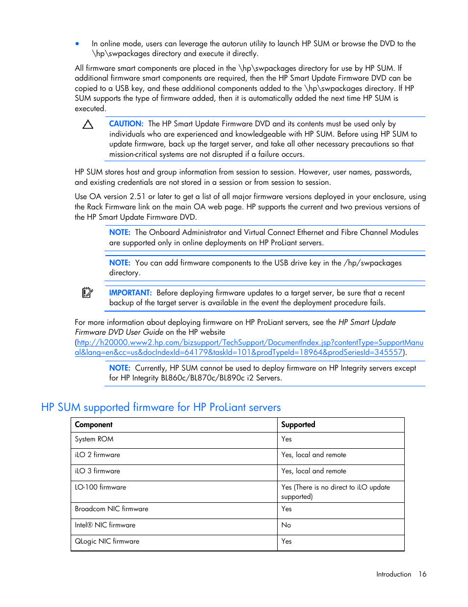 Hp sum supported firmware for hp proliant servers | HP ProLiant Support Pack User Manual | Page 16 / 120