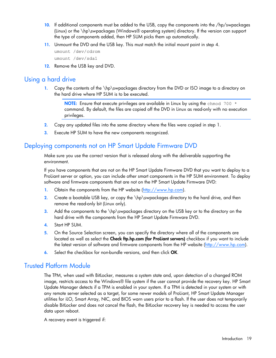 Using a hard drive, Trusted platform module | HP ProLiant Support Pack User Manual | Page 19 / 120