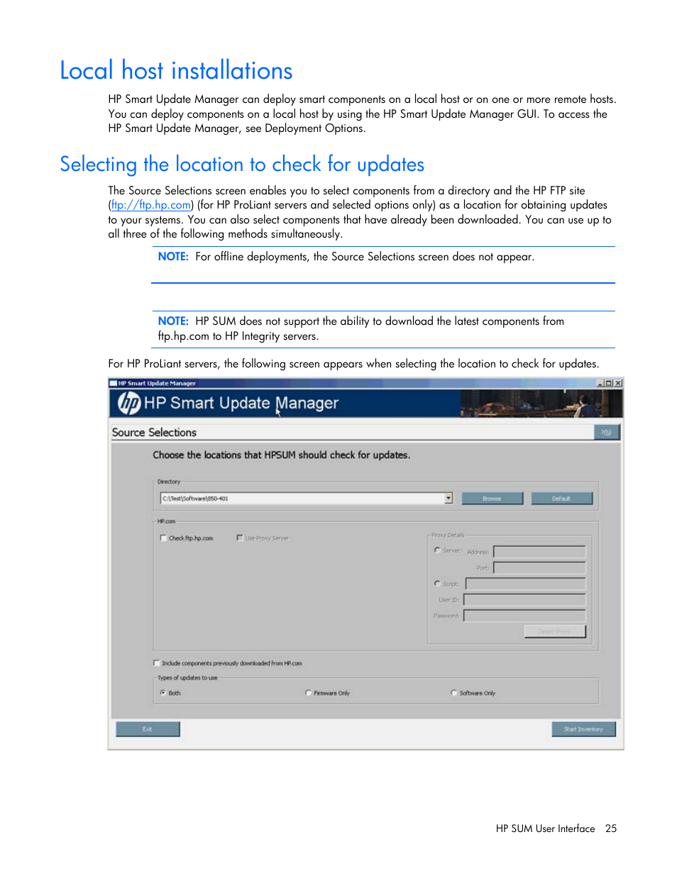 Local host installations, Selecting the location to check for updates | HP ProLiant Support Pack User Manual | Page 25 / 120