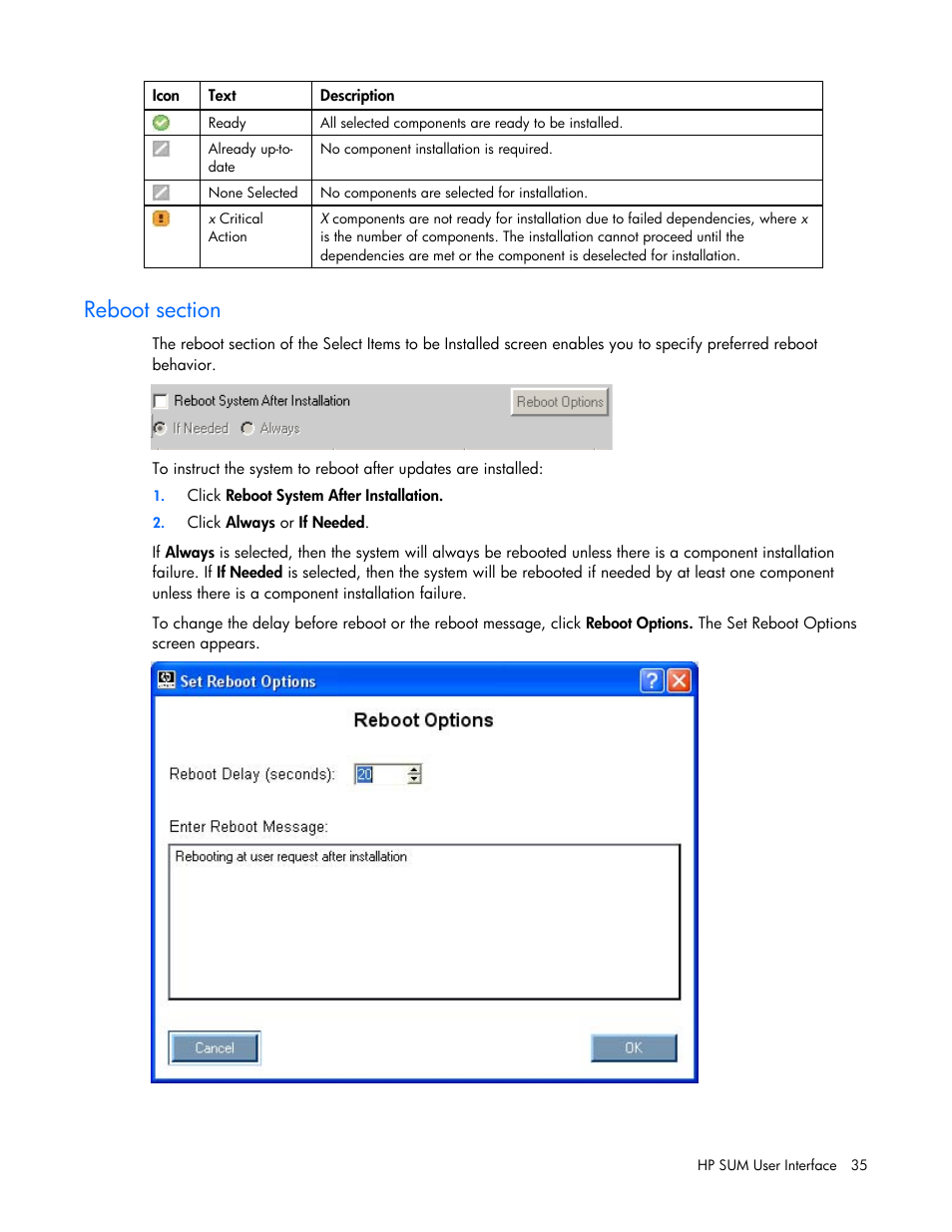 Reboot section | HP ProLiant Support Pack User Manual | Page 35 / 120