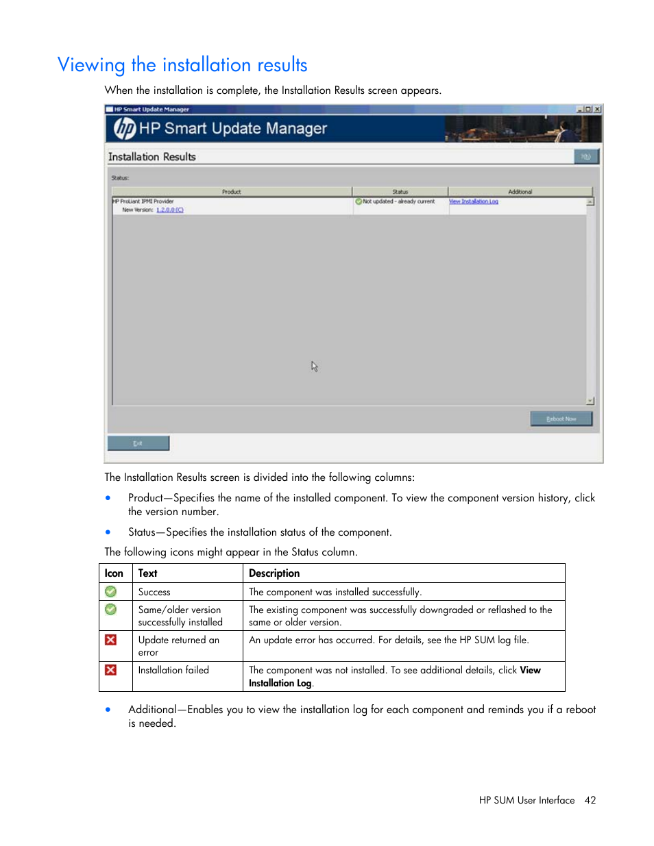 Viewing the installation results | HP ProLiant Support Pack User Manual | Page 42 / 120