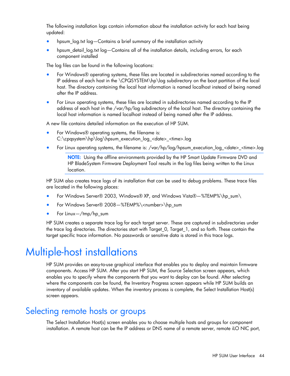 Multiple-host installations, Selecting remote hosts or groups | HP ProLiant Support Pack User Manual | Page 44 / 120