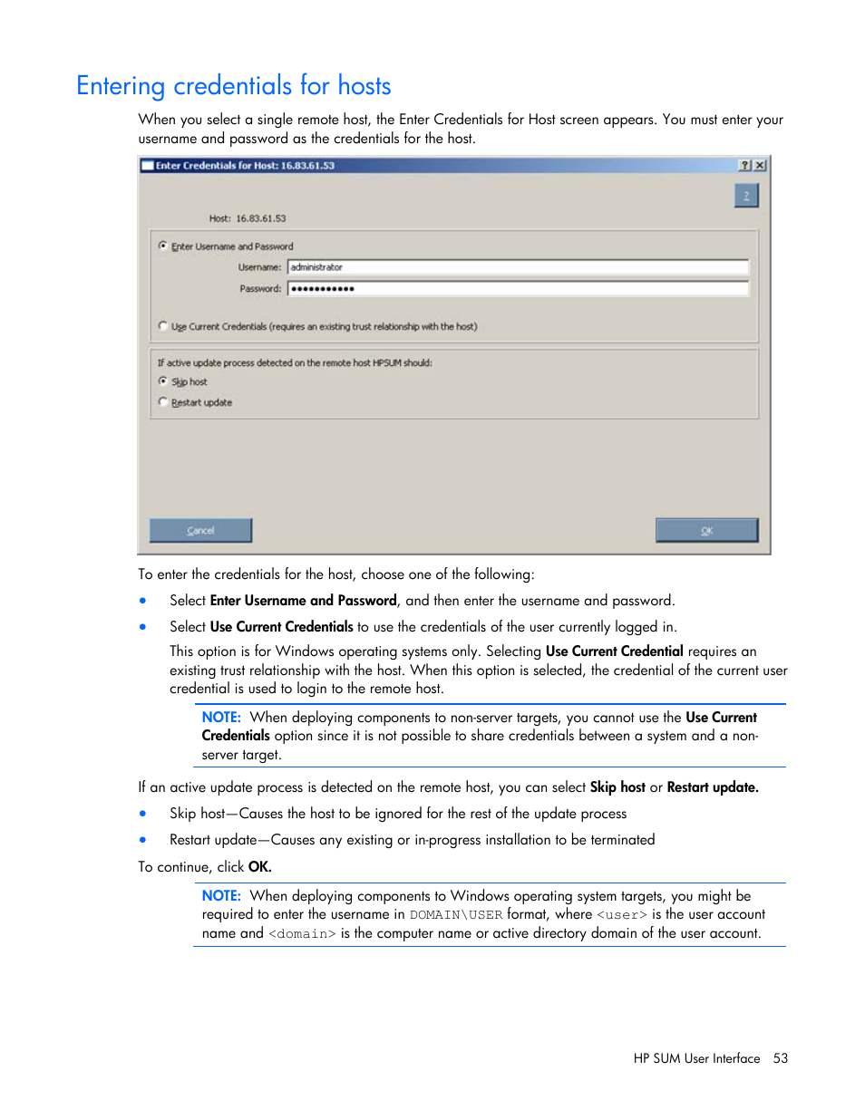 Entering credentials for hosts | HP ProLiant Support Pack User Manual | Page 53 / 120