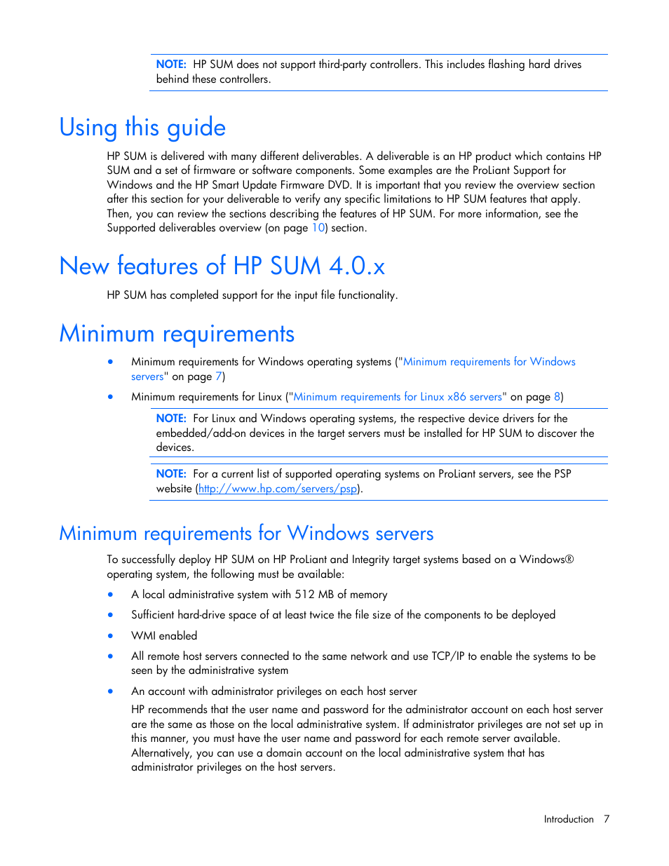 Using this guide, New features of hp sum 4.0.x, Minimum requirements | Minimum requirements for windows servers | HP ProLiant Support Pack User Manual | Page 7 / 120