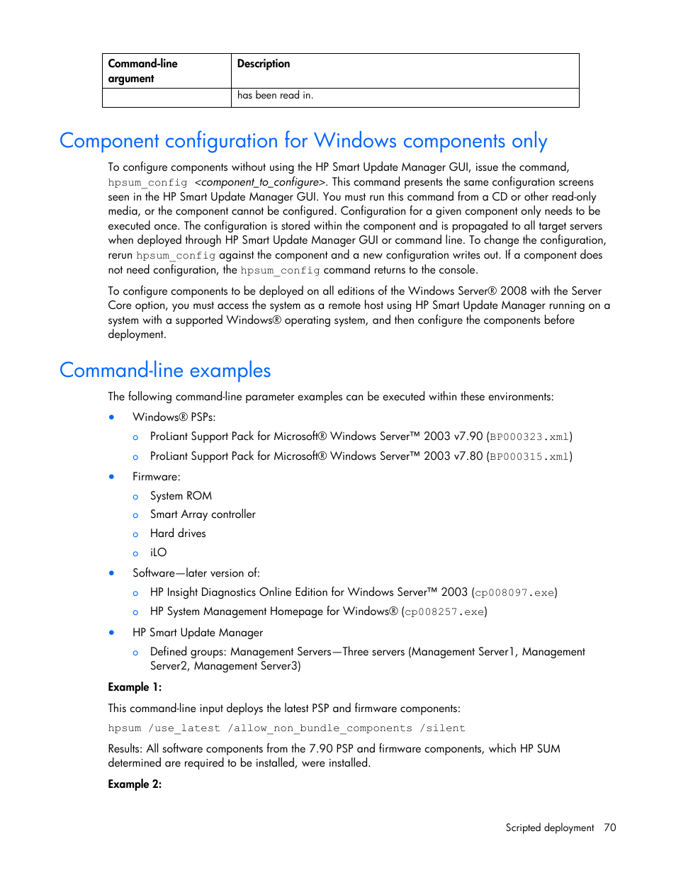 Command-line examples | HP ProLiant Support Pack User Manual | Page 70 / 120